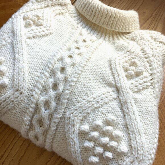 Vintage Handmade Aran Wool Sweater Women’s L Cable Knit Bobble Stitch Fisherman - Picture 7 of 8